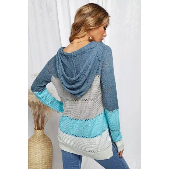 Sky Blue Combo Block Knit Hoodie - Picture 2 of 9